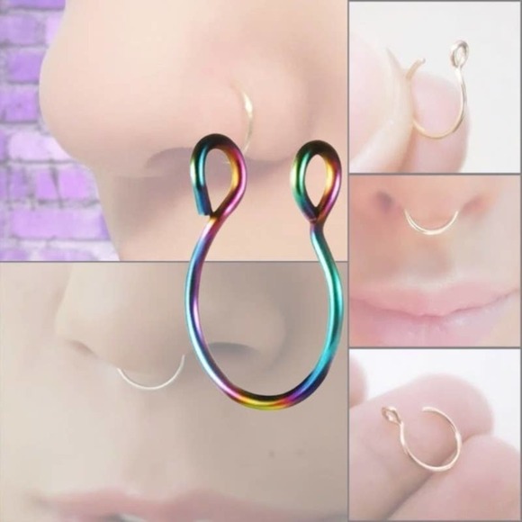 SINGLE Fake Septum Nose Ring Cuff - Rainbow Chrome - Picture 1 of 6